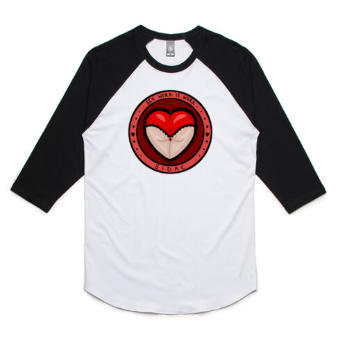 'Sex Work is Work' + 'Decrim SA!' Unisex 3/4 Raglan Tee (black text)   Thumbnail